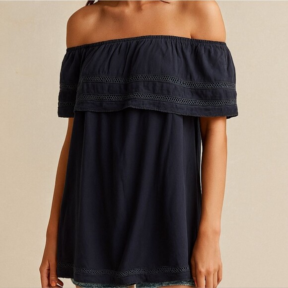 Aritzia Wilfred Emmie Off-The-Shoulder Navy Blue Dress - Picture 1 of 7